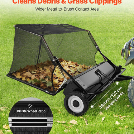 Tow Behind Lawn Sweeper, 122cm Pull Behind Yard Sweeper, 26 cu. ft Hopper Bag Capacity, Leaf & Grass Collector with Dumping Rope, Adjustable Sweeping Height, Garden Sweepers for Lawn Farm
