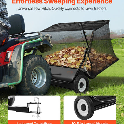 Tow Behind Lawn Sweeper, 122cm Pull Behind Yard Sweeper, 26 cu. ft Hopper Bag Capacity, Leaf & Grass Collector with Dumping Rope, Adjustable Sweeping Height, Garden Sweepers for Lawn Farm