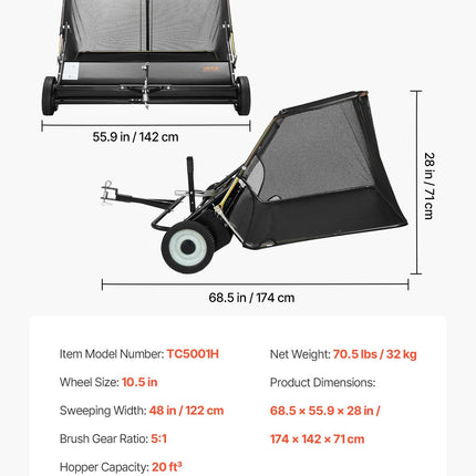 Tow Behind Lawn Sweeper, 122cm Pull Behind Yard Sweeper, 26 cu. ft Hopper Bag Capacity, Leaf & Grass Collector with Dumping Rope, Adjustable Sweeping Height, Garden Sweepers for Lawn Farm