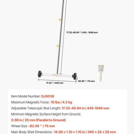 Magnetic Sweeper with Wheels, 43 cm, 4.5 kg Load Capacity, Lightweight Magnetic Pickup Sweeper with Adjustable Handle, Pick Up Nails and Screws, Easy Cleanup for Garages, Roofing Projects