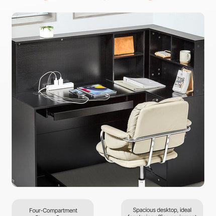 Reception Desk, 1400 x 800 x 1200 mm L-Shaped Front Counter Table, Office Reception Counter with Drawer Keyboard Tray and Storage Cabinet, for Checkout, Lobby, Beauty Salon & Office, Black
