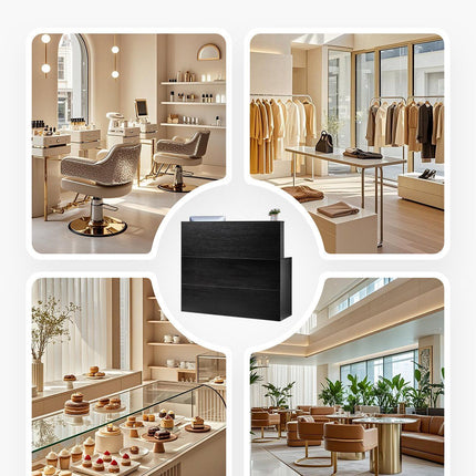 Reception Desk, 1400 x 800 x 1200 mm L-Shaped Front Counter Table, Office Reception Counter with Drawer Keyboard Tray and Storage Cabinet, for Checkout, Lobby, Beauty Salon & Office, Black