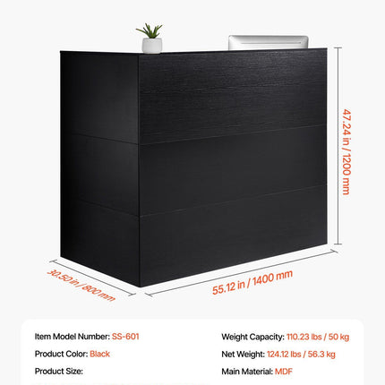Reception Desk, 1400 x 800 x 1200 mm L-Shaped Front Counter Table, Office Reception Counter with Drawer Keyboard Tray and Storage Cabinet, for Checkout, Lobby, Beauty Salon & Office, Black