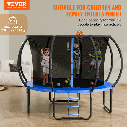 10FT Trampoline, 330 lbs Trampoline with Enclosure Net, Ladder, and Curved Pole, Heavy Duty Trampoline with Jumping Mat and Spring Cover Padding, Outdoor Recreational Trampolines for Kids Adults