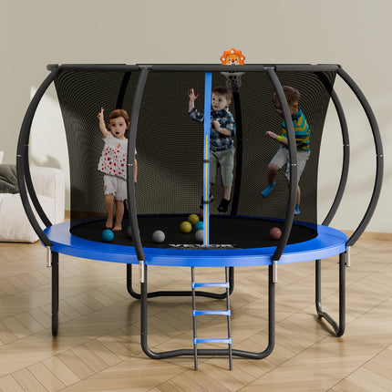 10FT Trampoline, 330 lbs Trampoline with Enclosure Net, Ladder, and Curved Pole, Heavy Duty Trampoline with Jumping Mat and Spring Cover Padding, Outdoor Recreational Trampolines for Kids Adults