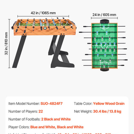 Folding Foosball Table, 106 cm Standard Size Table, Indoor Full Size Foosball Tables for Home, Family, and Game Room, Durable Soccer Set, Includes 2 Balls