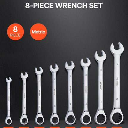 Combination Wrench Set 8-Piece Metric 8 mm to 19 mm with Organizer Rack