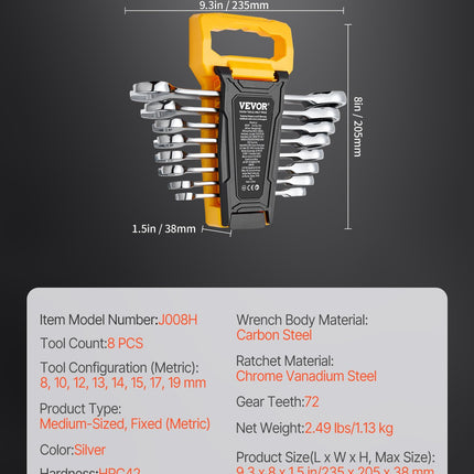 Combination Wrench Set 8-Piece Metric 8 mm to 19 mm with Organizer Rack