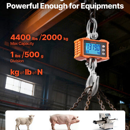 Digital Crane Scale, 4400 lbs/2000 kg Max Capacity, Heavy Duty Industrial Hanging Scale with Cast Aluminum Case & LCD Display, 500 g Division & 3 Unit Switch, Remote Control for Garage Factory