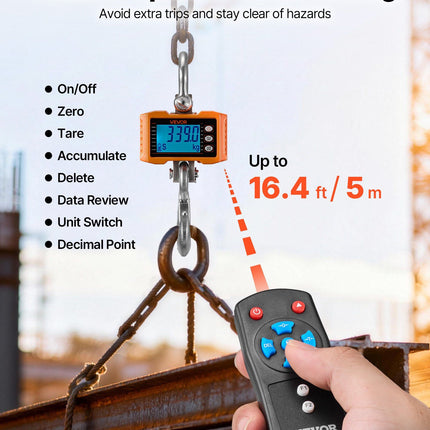 Digital Crane Scale, 4400 lbs/2000 kg Max Capacity, Heavy Duty Industrial Hanging Scale with Cast Aluminum Case & LCD Display, 500 g Division & 3 Unit Switch, Remote Control for Garage Factory