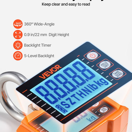 Digital Crane Scale, 4400 lbs/2000 kg Max Capacity, Heavy Duty Industrial Hanging Scale with Cast Aluminum Case & LCD Display, 500 g Division & 3 Unit Switch, Remote Control for Garage Factory
