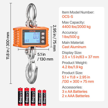 Digital Crane Scale, 4400 lbs/2000 kg Max Capacity, Heavy Duty Industrial Hanging Scale with Cast Aluminum Case & LCD Display, 500 g Division & 3 Unit Switch, Remote Control for Garage Factory