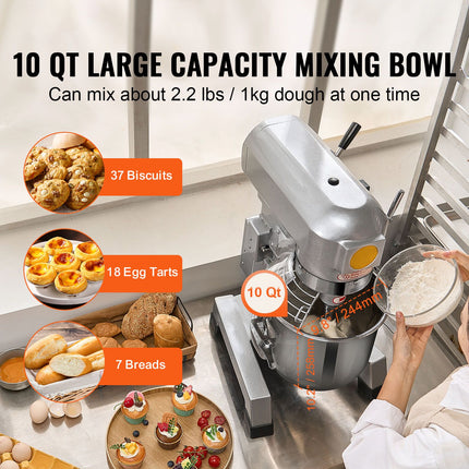 Commercial Food Mixer, 10L Commercial Stand Mixer with 3 Adjustable Speeds, 550W Dough Mixer with Stainless Steel Bowl and 3 Mixing Attachments, Ideal for Restaurant, Bakery, Pastry shop, Cafe