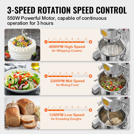 Commercial Food Mixer, 10L Commercial Stand Mixer with 3 Adjustable Speeds, 550W Dough Mixer with Stainless Steel Bowl and 3 Mixing Attachments, Ideal for Restaurant, Bakery, Pastry shop, Cafe