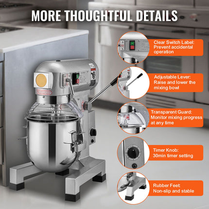 Commercial Food Mixer, 10L Commercial Stand Mixer with 3 Adjustable Speeds, 550W Dough Mixer with Stainless Steel Bowl and 3 Mixing Attachments, Ideal for Restaurant, Bakery, Pastry shop, Cafe