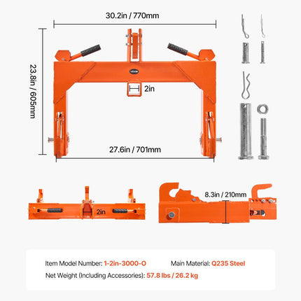 3-Point Quick Hitch with 2 in Receiver, 3000 Lbs Lift Capacity, 3-Pt Hitch with 5 Level Adjustable Bolt, Adaptation to Category 1 & 2 Tractor, Heavy Duty 3 Point Attachments, Orange